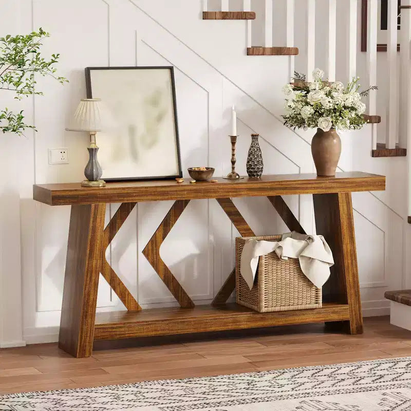 Table Console d'Entrée 70,9", Table de Canapé Étroite et Longue à 2 Niveaux, Table Derrière Canapé en Bois, Table d'Entrée pour Salon, Couloir, Hall, Marron