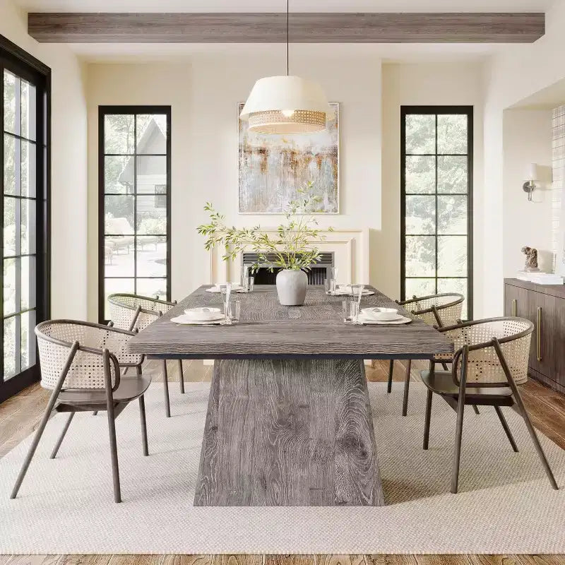 Lantine Dining Table for 6, Farmhouse Wood Rectangular Kitchen Table with Double Pedestal, 63 L x 31.5 W x 30 H, Grey