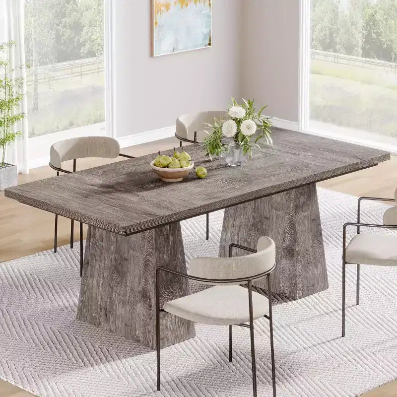 Table à manger pour 6 personnes, table de cuisine rectangulaire en bois de style ferme avec double piètement, 160 cm (L) x 80 cm (l) x 76 cm (H), gris