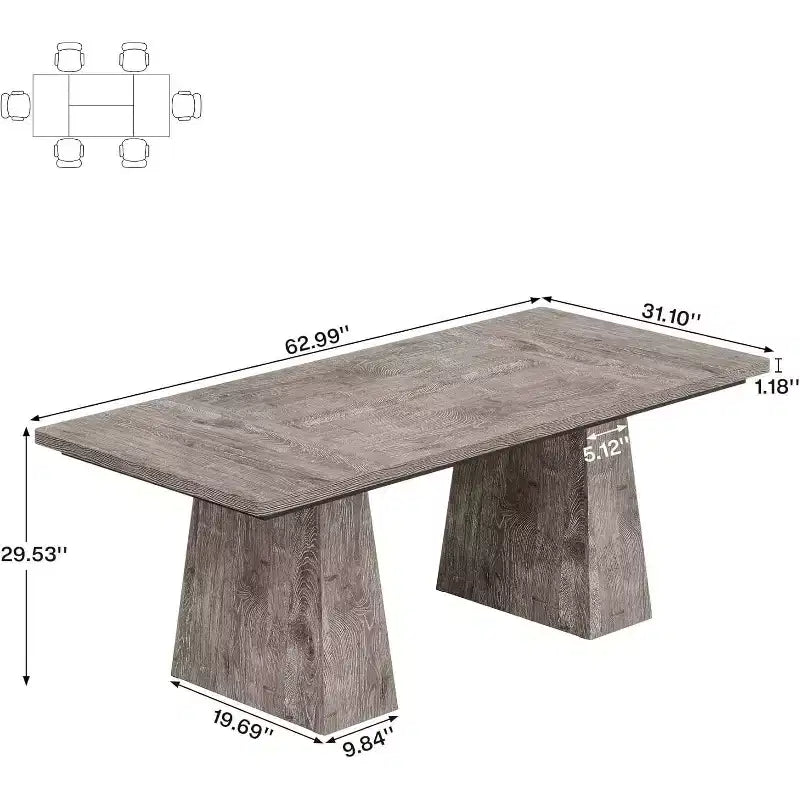 Table à manger pour 6 personnes, table de cuisine rectangulaire en bois de style ferme avec double piètement, 160 cm (L) x 80 cm (l) x 76 cm (H), gris