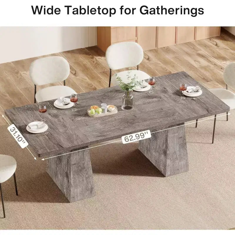 Table à manger pour 6 personnes, table de cuisine rectangulaire en bois de style ferme avec double piètement, 160 cm (L) x 80 cm (l) x 76 cm (H), gris