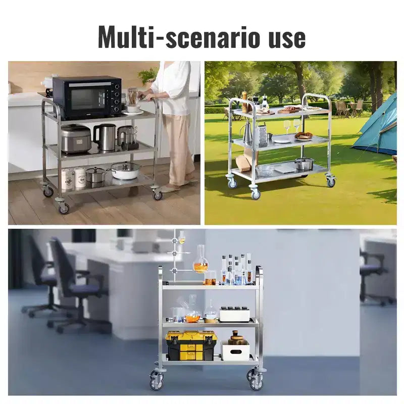 Chariot de service en acier inoxydable à 3 niveaux, capacité de 180 kg avec roues pivotantes verrouillables