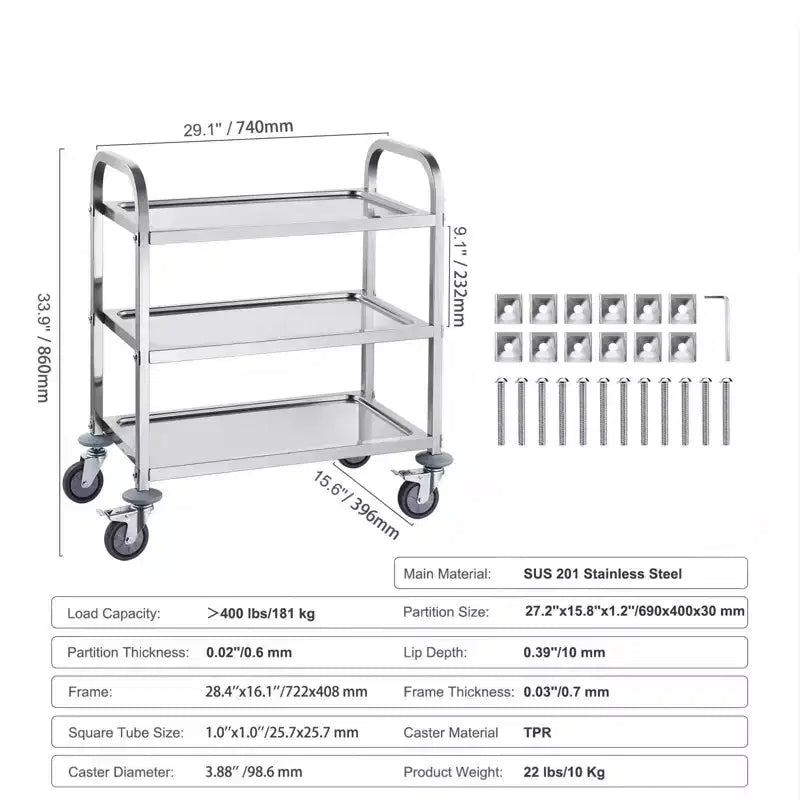 Chariot de service en acier inoxydable à 3 niveaux, capacité de 180 kg avec roues pivotantes verrouillables