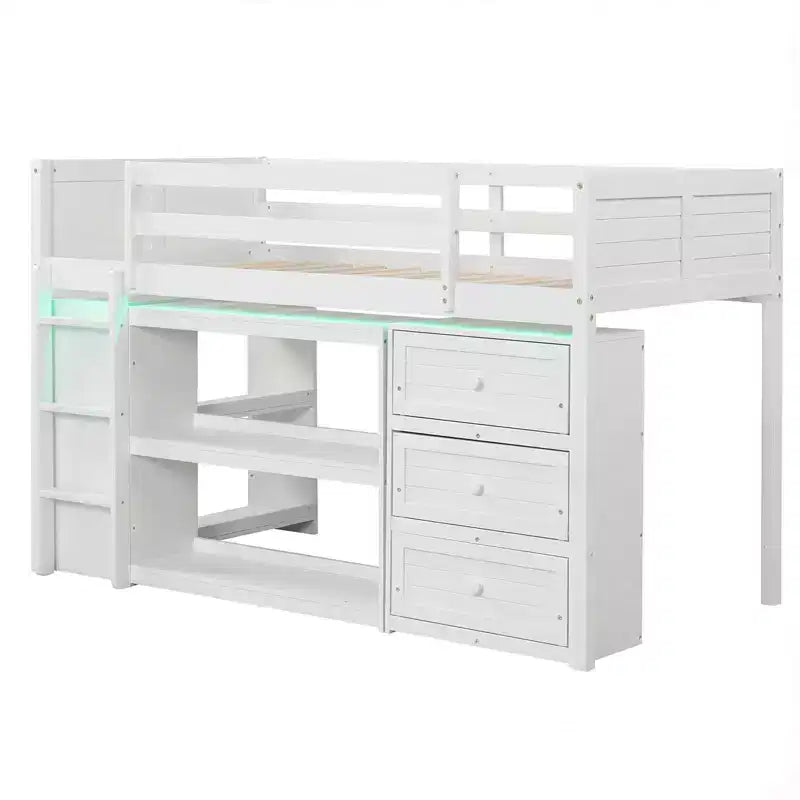 Lit mezzanine jumeau avec lumières LED, tiroirs sous le lit, étagères, échelle Gris/Blanc