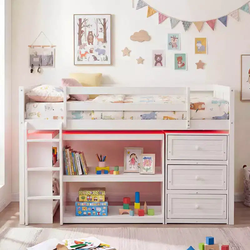 Lit mezzanine jumeau avec lumières LED, tiroirs sous le lit, étagères, échelle Gris/Blanc