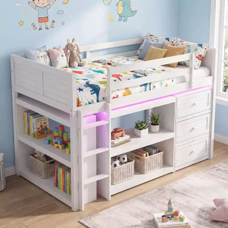 Lit mezzanine jumeau avec lumières LED, tiroirs sous le lit, étagères, échelle Gris/Blanc