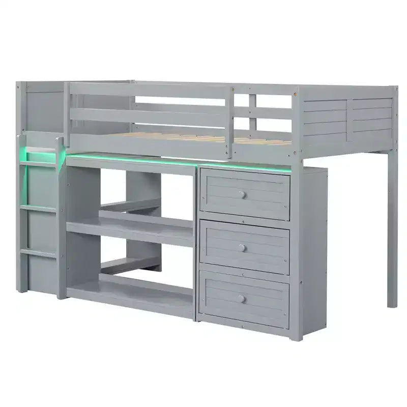 Lit mezzanine jumeau avec lumières LED, tiroirs sous le lit, étagères, échelle Gris/Blanc