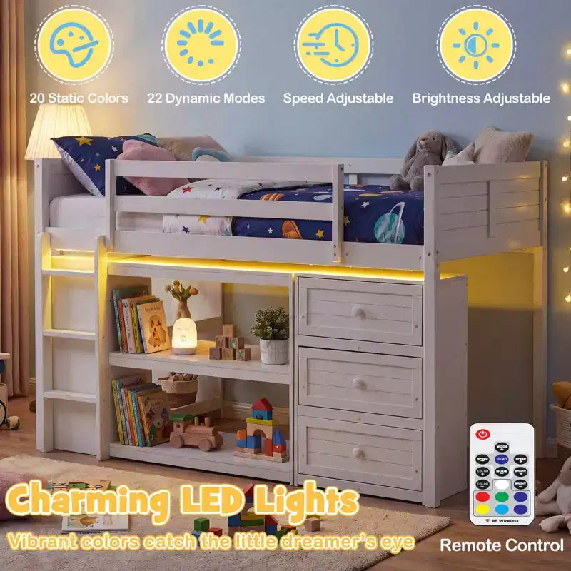Lit mezzanine jumeau avec lumières LED, tiroirs sous le lit, étagères, échelle Gris/Blanc
