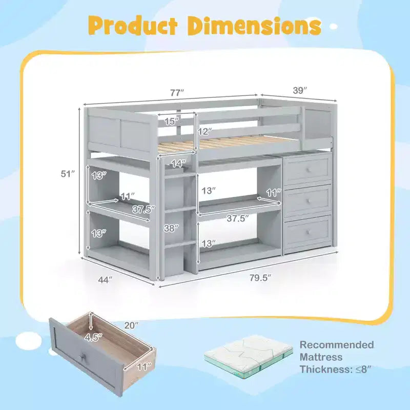 Lit mezzanine jumeau avec lumières LED, tiroirs sous le lit, étagères, échelle Gris/Blanc