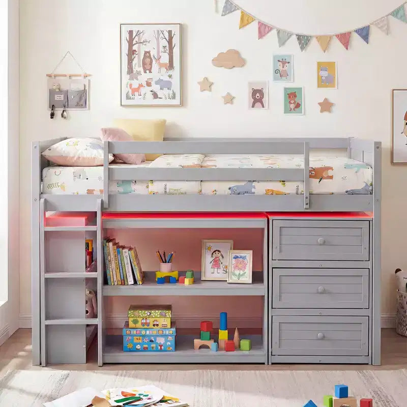 Lit mezzanine jumeau avec lumières LED, tiroirs sous le lit, étagères, échelle Gris/Blanc