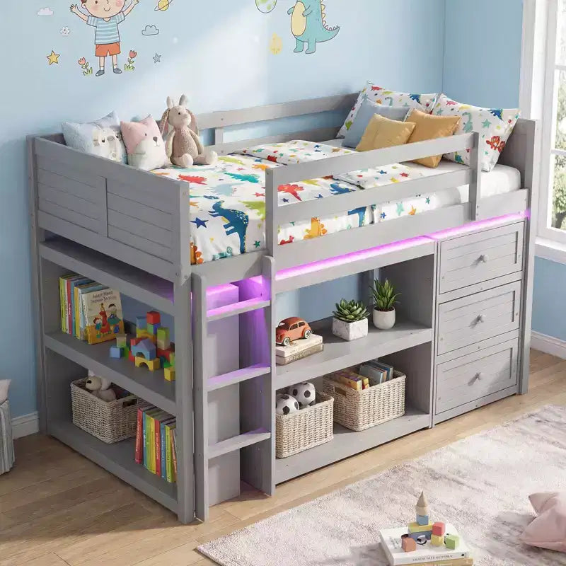 Lit mezzanine jumeau avec lumières LED, tiroirs sous le lit, étagères, échelle Gris/Blanc