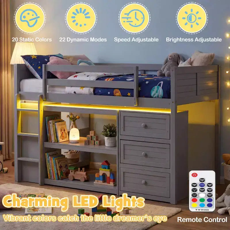 Lit mezzanine jumeau avec lumières LED, tiroirs sous le lit, étagères, échelle Gris/Blanc