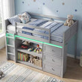 Costway Twin Size Loft Bed with LED Lights Underbed Space Drawers Shelves Ladder Gray/White
