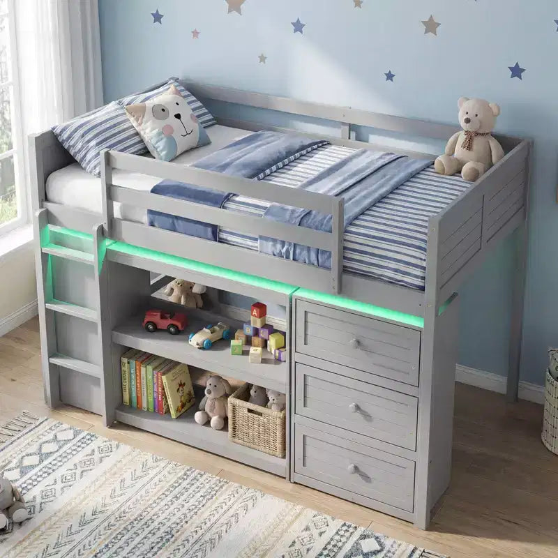 Costway Twin Size Loft Bed with LED Lights Underbed Space Drawers Shelves Ladder Gray/White