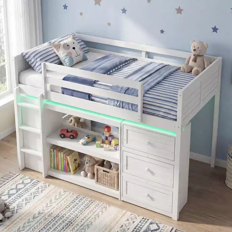 Lit mezzanine jumeau avec lumières LED, tiroirs sous le lit, étagères, échelle Gris/Blanc