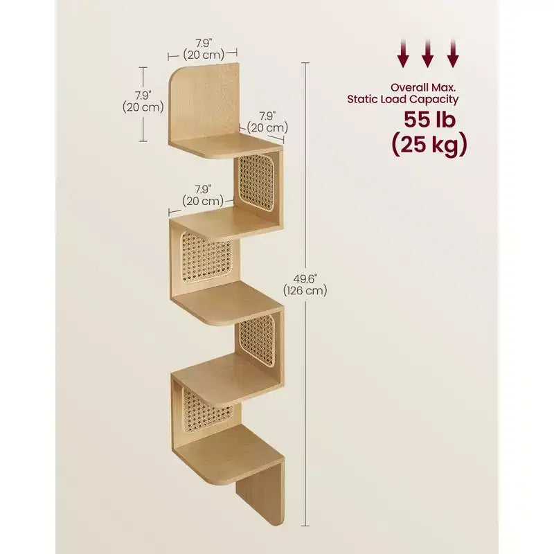 Étagère d'angle à 5 niveaux, étagère flottante murale, étagère d'angle en zigzag, côtés en rotin PVC, gain de place, style bohème