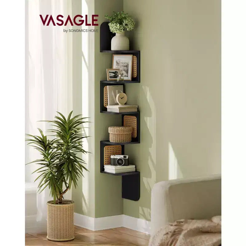 Étagère d'angle à 5 niveaux, étagère flottante murale, étagère d'angle en zigzag, côtés en rotin PVC, gain de place, style bohème