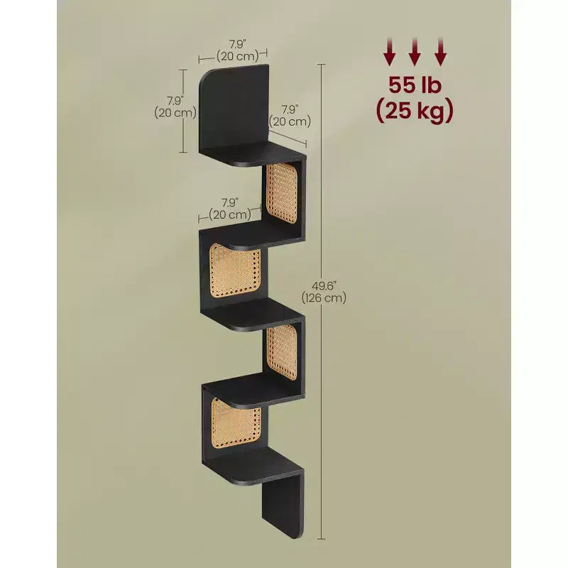 Étagère d'angle à 5 niveaux, étagère flottante murale, étagère d'angle en zigzag, côtés en rotin PVC, gain de place, style bohème