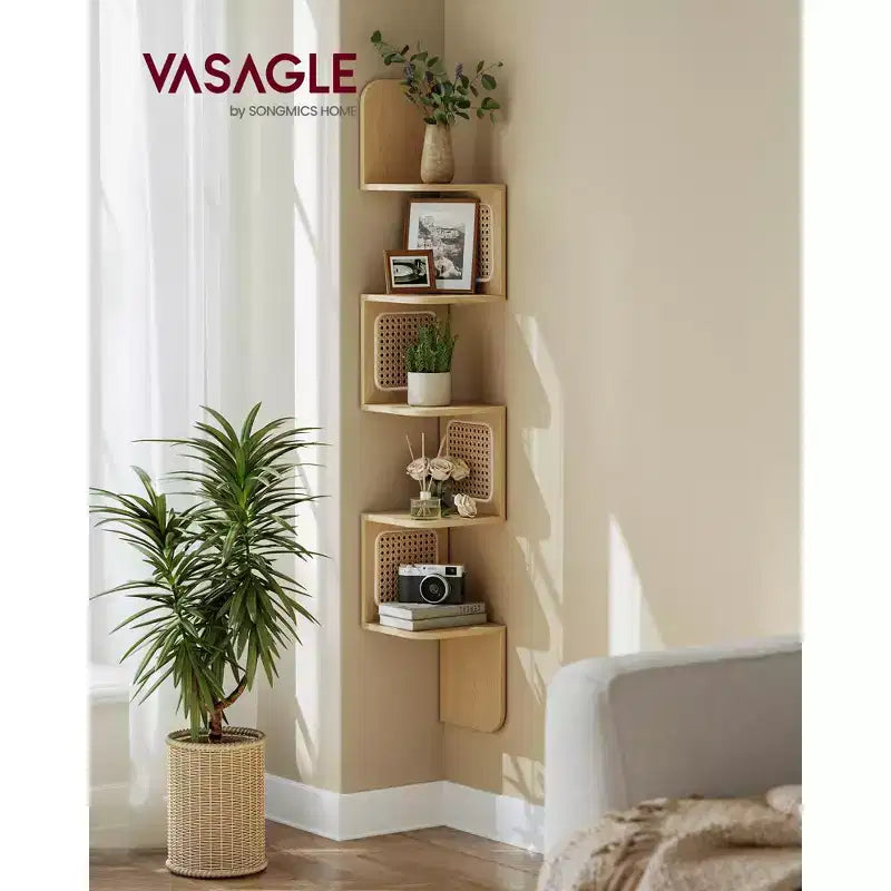 Étagère d'angle à 5 niveaux, étagère flottante murale, étagère d'angle en zigzag, côtés en rotin PVC, gain de place, style bohème