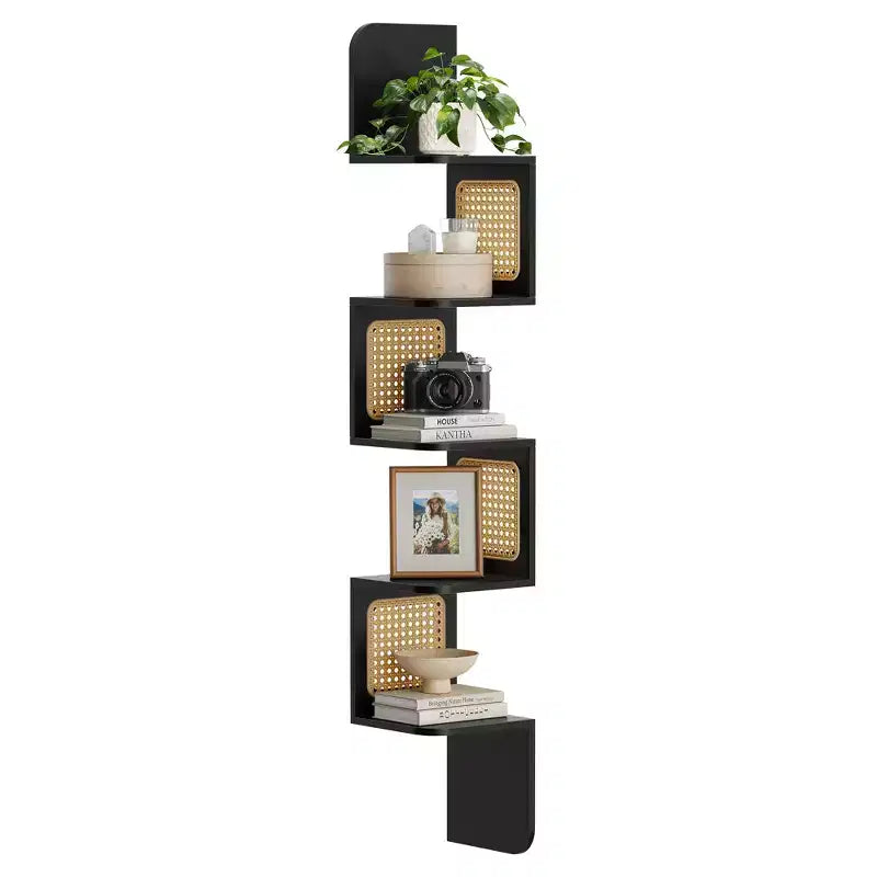 VASAGLE 5-Tier Corner Shelf, Wall Mounted Floating Shelf, Zigzag Corner Shelf Unit, PVC Rattan Sides, Space-Saving, Boho Style