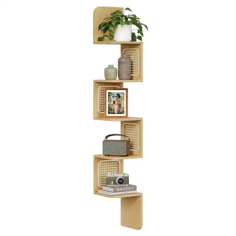 Étagère d'angle à 5 niveaux, étagère flottante murale, étagère d'angle en zigzag, côtés en rotin PVC, gain de place, style bohème