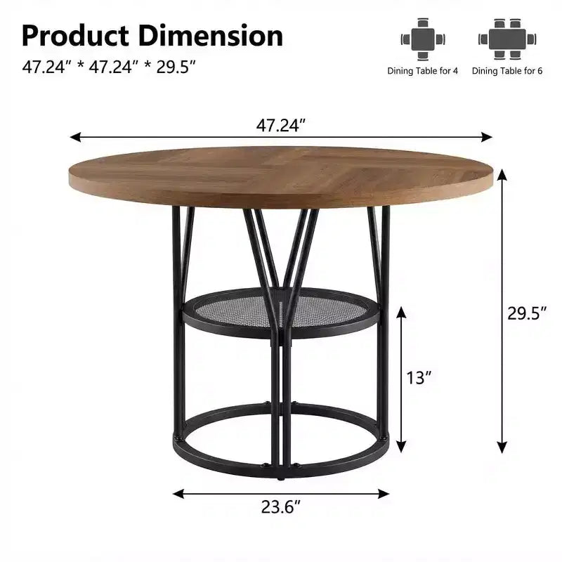 Table à manger ronde pour 4-6 personnes, table de cuisine circulaire de 120 cm avec étagère de rangement et cadre métallique robuste, table de dîner moderne pour cuisine, salon, bureau