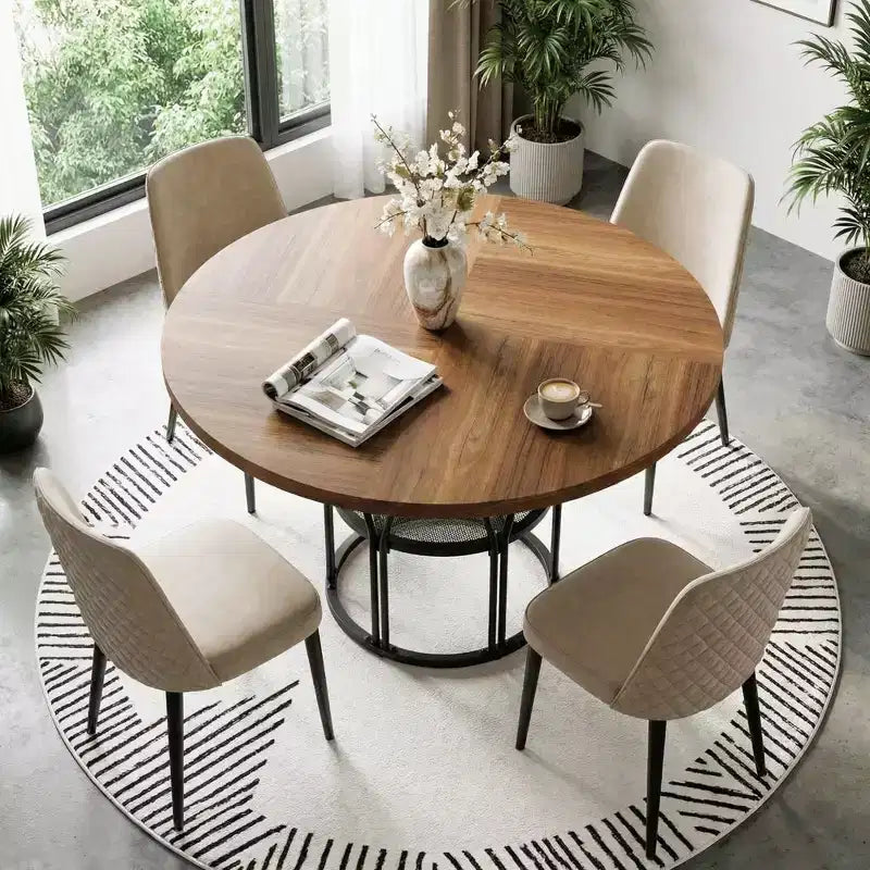 Table à manger ronde pour 4-6 personnes, table de cuisine circulaire de 120 cm avec étagère de rangement et cadre métallique robuste, table de dîner moderne pour cuisine, salon, bureau