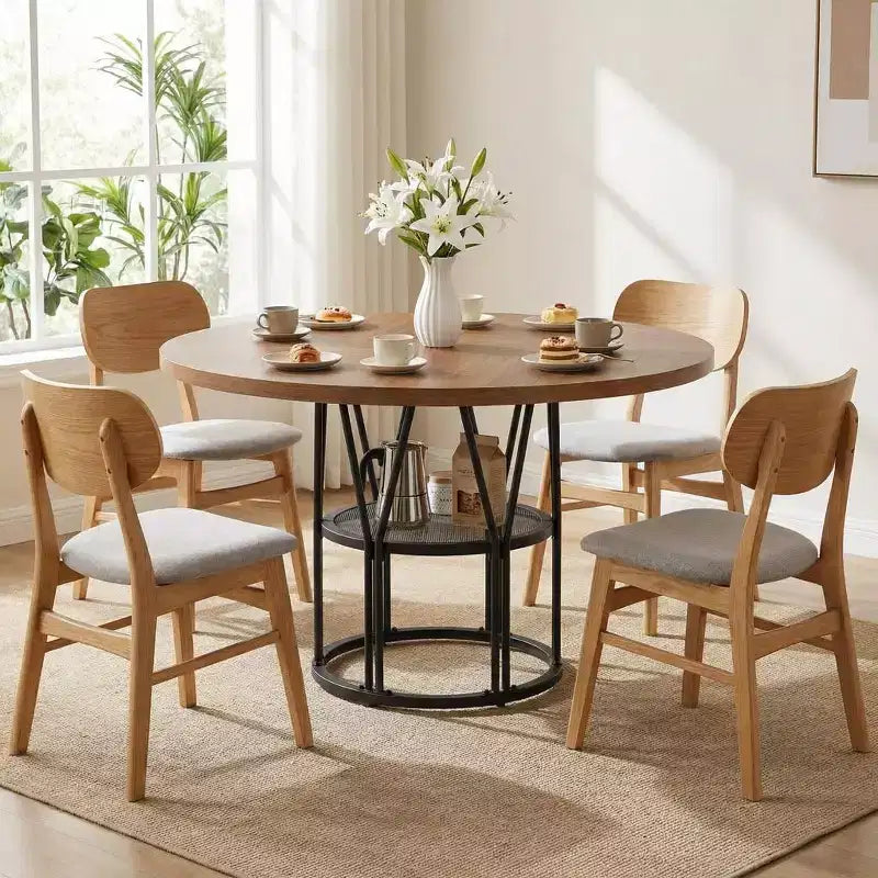 Table à manger ronde pour 4-6 personnes, table de cuisine circulaire de 120 cm avec étagère de rangement et cadre métallique robuste, table de dîner moderne pour cuisine, salon, bureau