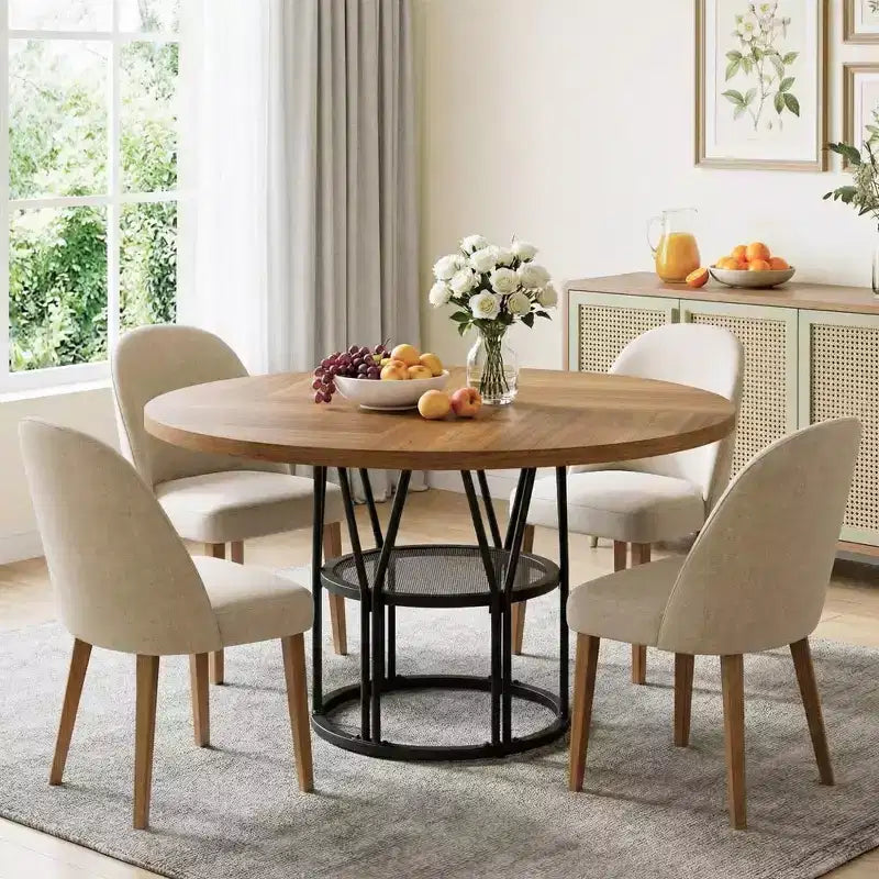 Table à manger ronde pour 4-6 personnes, table de cuisine circulaire de 120 cm avec étagère de rangement et cadre métallique robuste, table de dîner moderne pour cuisine, salon, bureau