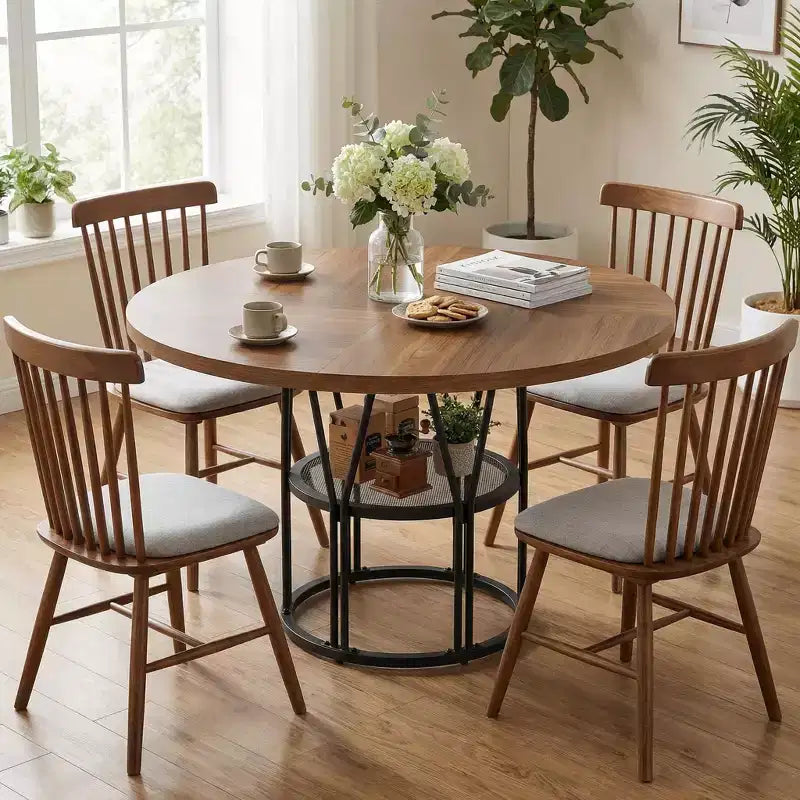 Table à manger ronde pour 4-6 personnes, table de cuisine circulaire de 120 cm avec étagère de rangement et cadre métallique robuste, table de dîner moderne pour cuisine, salon, bureau