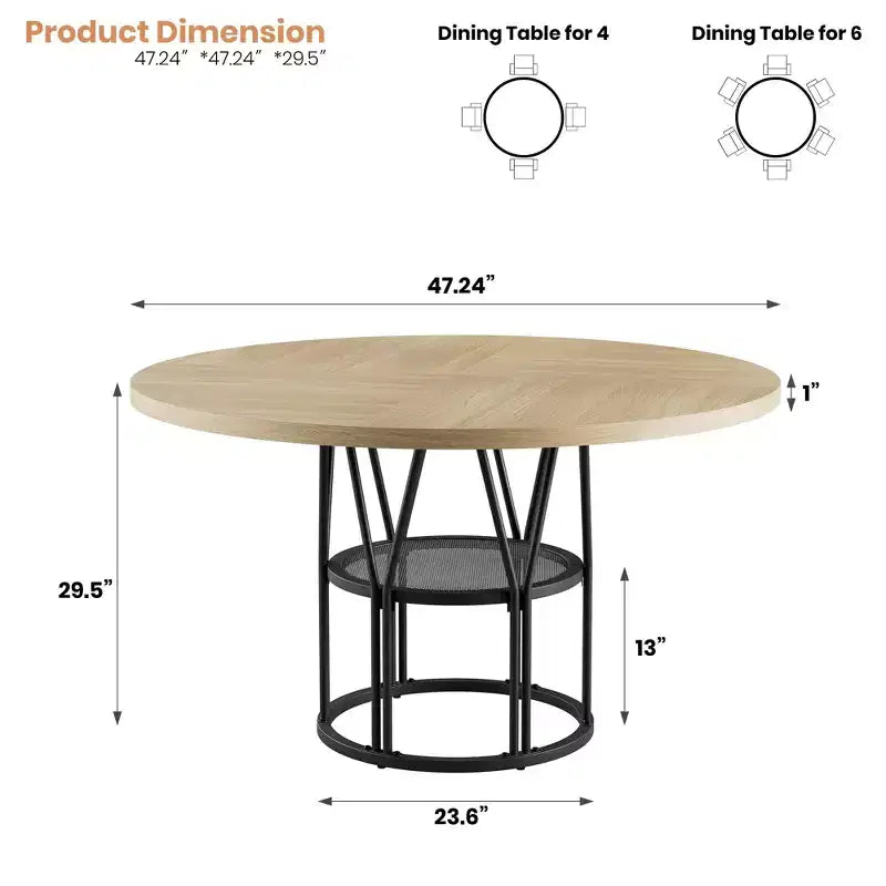 Table à manger ronde pour 4-6 personnes, table de cuisine circulaire de 120 cm avec étagère de rangement et cadre métallique robuste, table de dîner moderne pour cuisine, salon, bureau