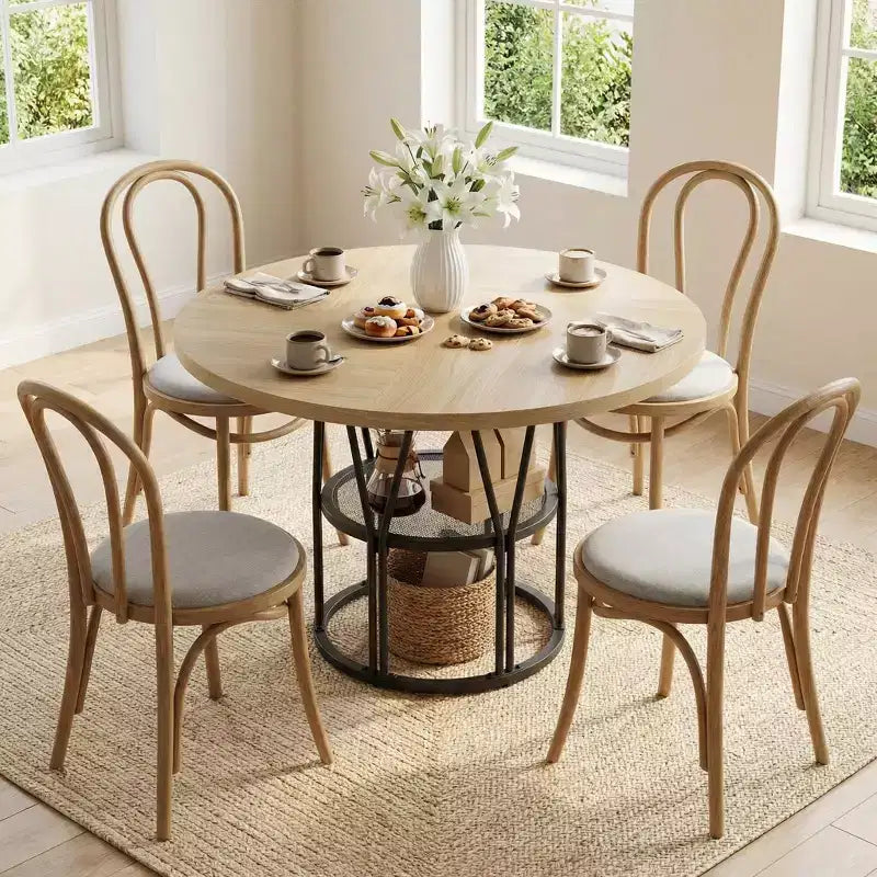 Table à manger ronde pour 4-6 personnes, table de cuisine circulaire de 120 cm avec étagère de rangement et cadre métallique robuste, table de dîner moderne pour cuisine, salon, bureau