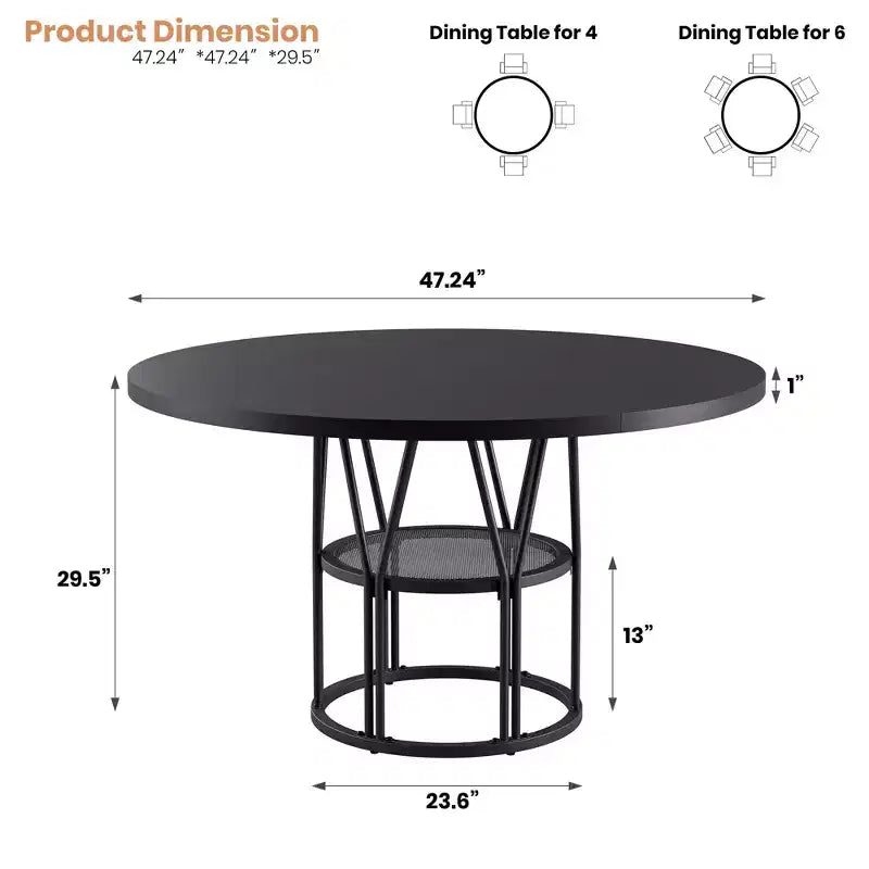 Table à manger ronde pour 4-6 personnes, table de cuisine circulaire de 120 cm avec étagère de rangement et cadre métallique robuste, table de dîner moderne pour cuisine, salon, bureau