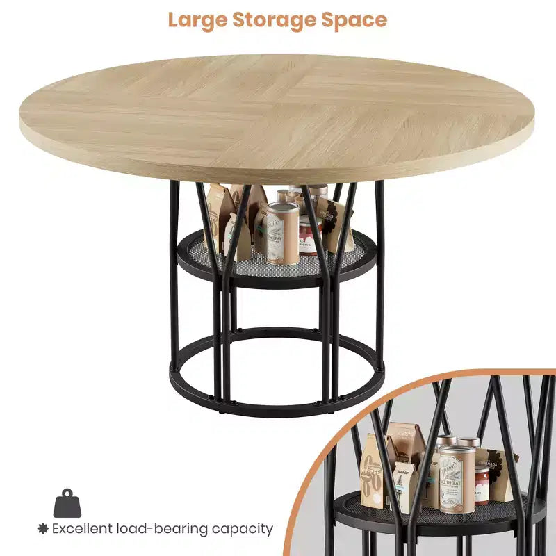Table à manger ronde pour 4-6 personnes, table de cuisine circulaire de 120 cm avec étagère de rangement et cadre métallique robuste, table de dîner moderne pour cuisine, salon, bureau