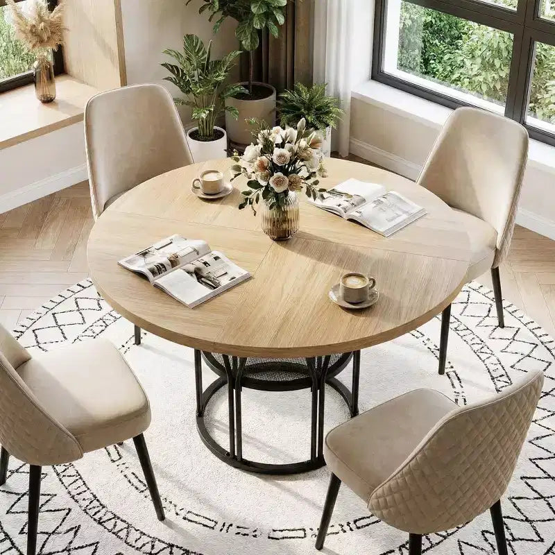 Table à manger ronde pour 4-6 personnes, table de cuisine circulaire de 120 cm avec étagère de rangement et cadre métallique robuste, table de dîner moderne pour cuisine, salon, bureau