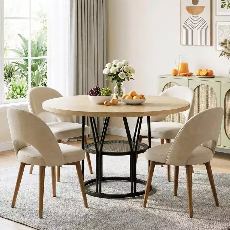 Table à manger ronde pour 4-6 personnes, table de cuisine circulaire de 120 cm avec étagère de rangement et cadre métallique robuste, table de dîner moderne pour cuisine, salon, bureau