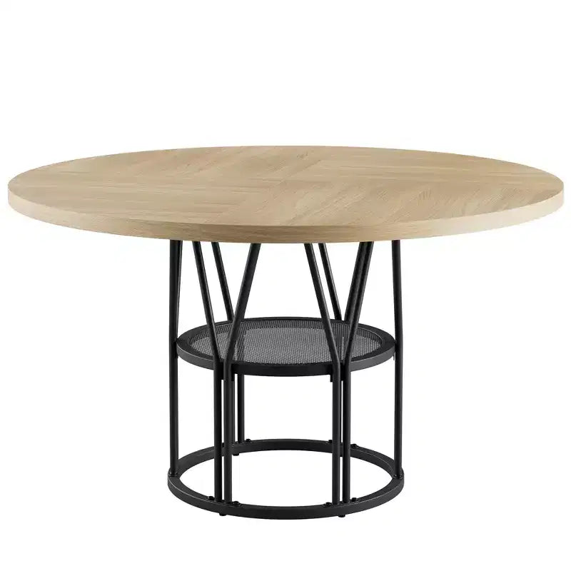 Table à manger ronde pour 4-6 personnes, table de cuisine circulaire de 120 cm avec étagère de rangement et cadre métallique robuste, table de dîner moderne pour cuisine, salon, bureau