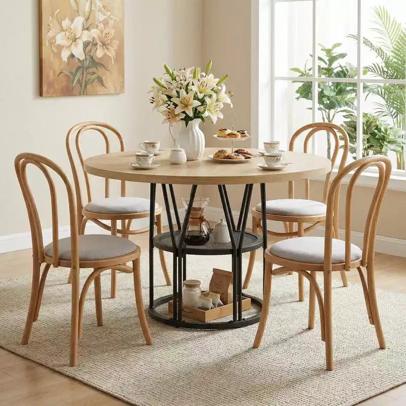 Table à manger ronde pour 4-6 personnes, table de cuisine circulaire de 120 cm avec étagère de rangement et cadre métallique robuste, table de dîner moderne pour cuisine, salon, bureau