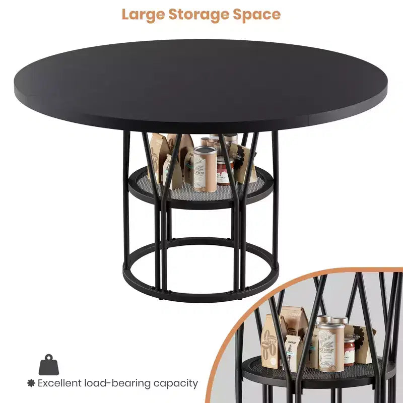 Table à manger ronde pour 4-6 personnes, table de cuisine circulaire de 120 cm avec étagère de rangement et cadre métallique robuste, table de dîner moderne pour cuisine, salon, bureau