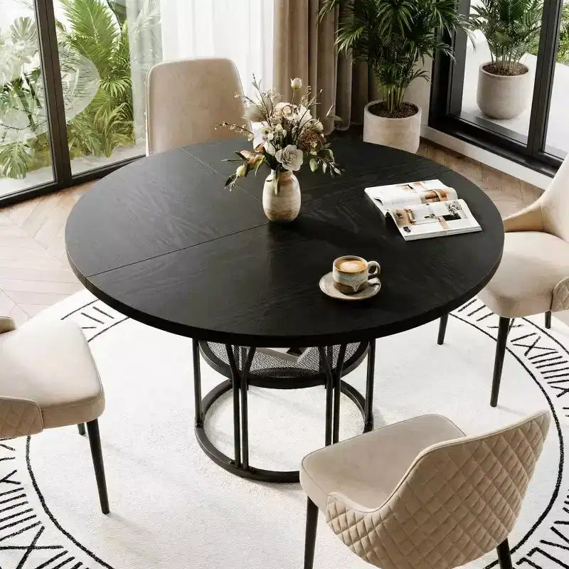 Table à manger ronde pour 4-6 personnes, table de cuisine circulaire de 120 cm avec étagère de rangement et cadre métallique robuste, table de dîner moderne pour cuisine, salon, bureau