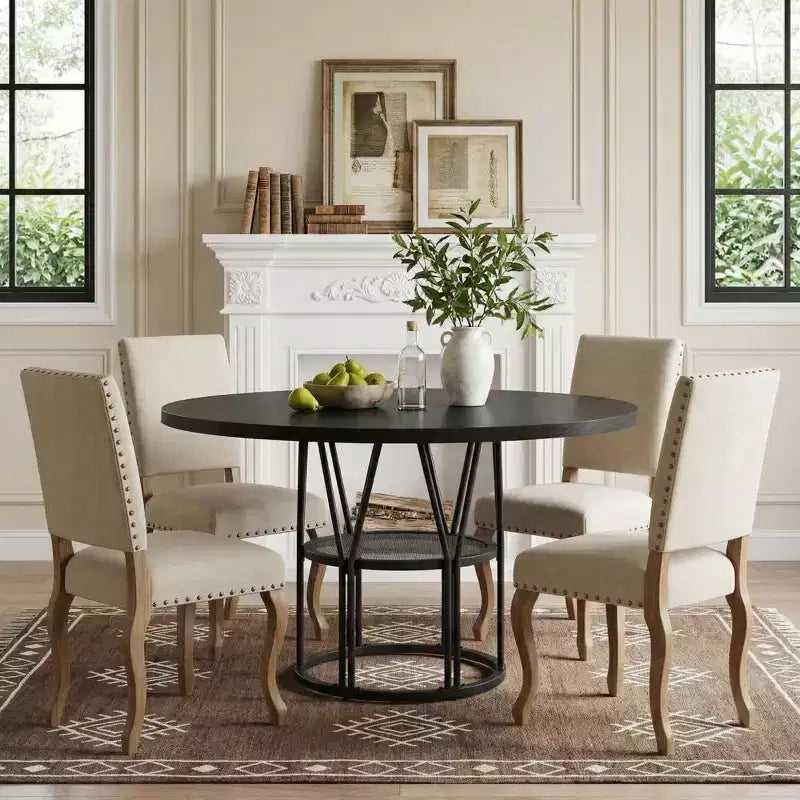 Table à manger ronde pour 4-6 personnes, table de cuisine circulaire de 120 cm avec étagère de rangement et cadre métallique robuste, table de dîner moderne pour cuisine, salon, bureau
