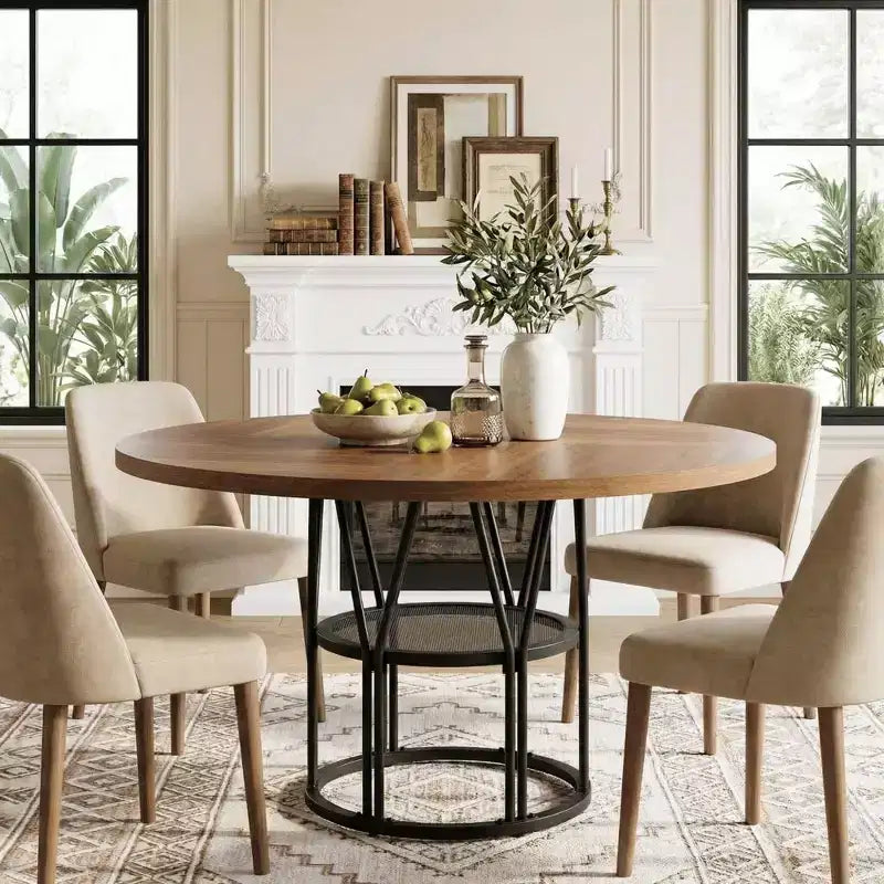 Table à manger ronde pour 4-6 personnes, table de cuisine circulaire de 120 cm avec étagère de rangement et cadre métallique robuste, table de dîner moderne pour cuisine, salon, bureau