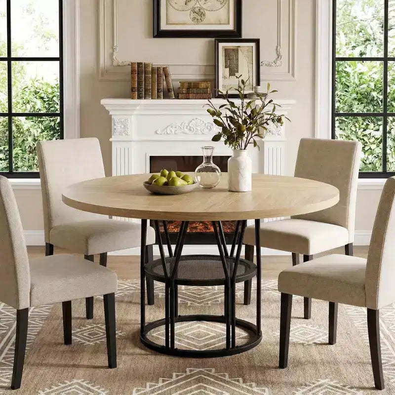 Table à manger ronde pour 4-6 personnes, table de cuisine circulaire de 120 cm avec étagère de rangement et cadre métallique robuste, table de dîner moderne pour cuisine, salon, bureau