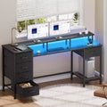 Qwatto 55 Inch Computer Desk with Charging Station Reversible Gaming Desk LED Lights Fabric Drawers Home Office Writing Table Bedroom Study Storage