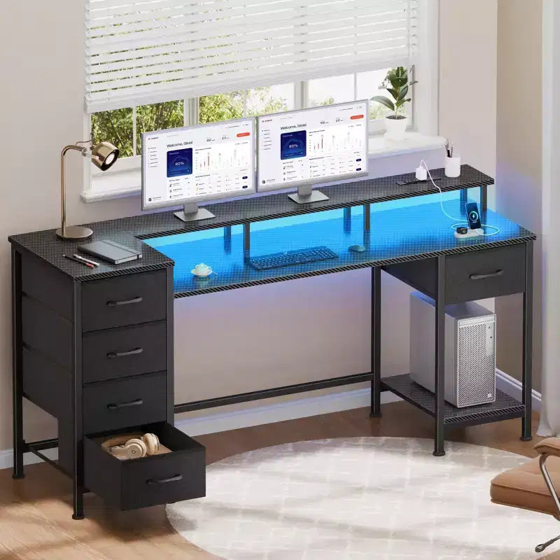 Qwatto 55 Inch Computer Desk with Charging Station Reversible Gaming Desk LED Lights Fabric Drawers Home Office Writing Table Bedroom Study Storage