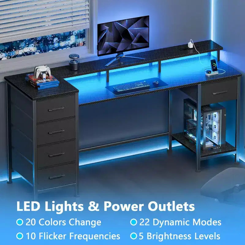 Bureau d'ordinateur de 55 pouces avec station de charge, bureau de jeu réversible, lumières LED, tiroirs en tissu, table d'écriture pour bureau à domicile, étude de chambre, rangement