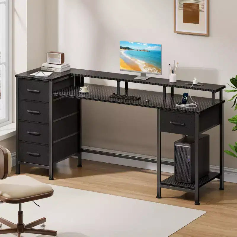 Bureau d'ordinateur de 55 pouces avec station de charge, bureau de jeu réversible, lumières LED, tiroirs en tissu, table d'écriture pour bureau à domicile, étude de chambre, rangement