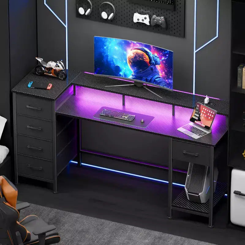 Bureau d'ordinateur de 55 pouces avec station de charge, bureau de jeu réversible, lumières LED, tiroirs en tissu, table d'écriture pour bureau à domicile, étude de chambre, rangement