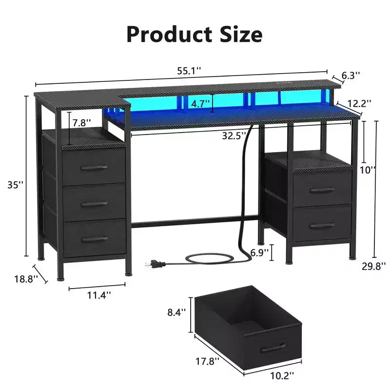 Bureau d'ordinateur de 55 pouces avec station de charge, bureau de jeu réversible, lumières LED, tiroirs en tissu, table d'écriture pour bureau à domicile, étude de chambre, rangement