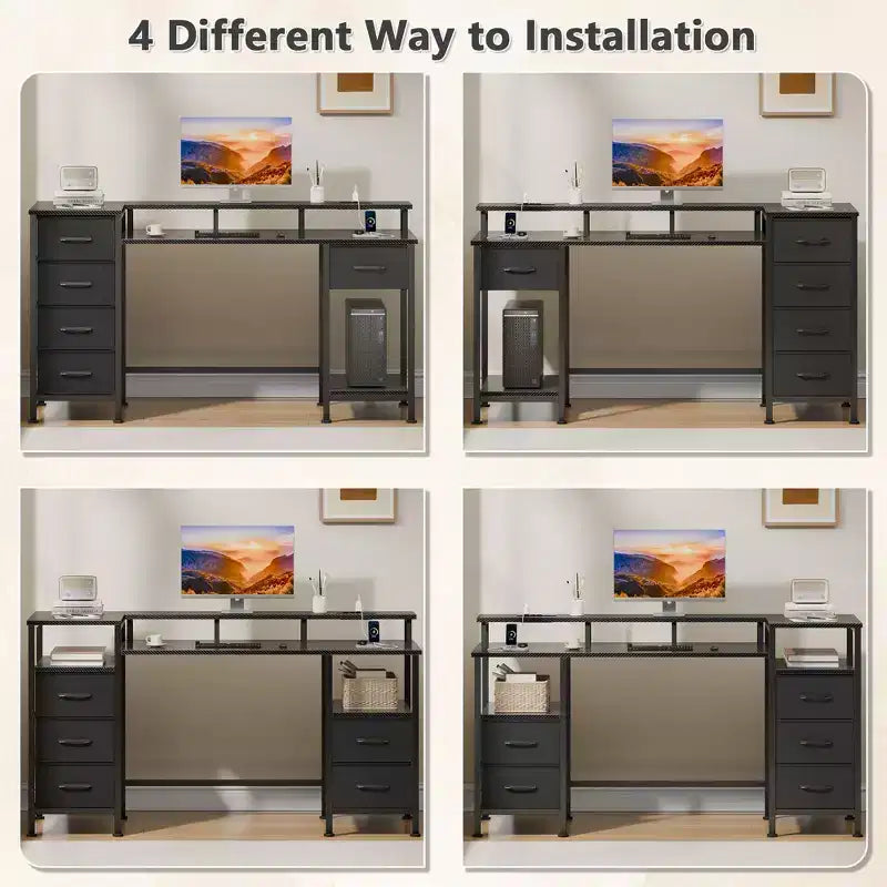 Bureau d'ordinateur de 55 pouces avec station de charge, bureau de jeu réversible, lumières LED, tiroirs en tissu, table d'écriture pour bureau à domicile, étude de chambre, rangement